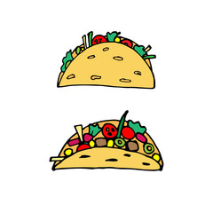 Taco - mexican traditional food. Fast food. Hand drawn sketch doodle. Vector color illustration for menu, poster, web and package design. Isolated on white background.