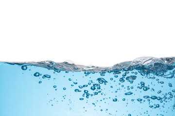 Clean light blue water wave and bubbles air isolated on white background
