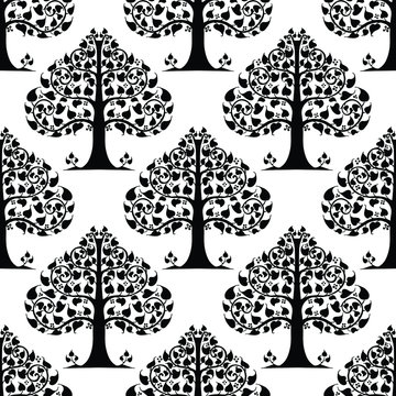 Bodhi Tree And Bodhi Leaves  Design With Lanna Thailand Traditional Ornament Concept Motif Black And White For Print Seamless Pattern Vector Background 