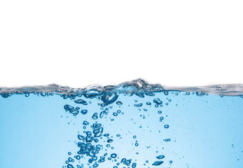 Clean light blue water wave and bubbles air isolated on white background