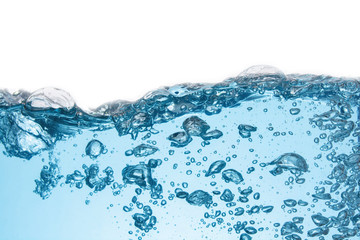 Clean light blue water wave and bubbles air isolated on white background