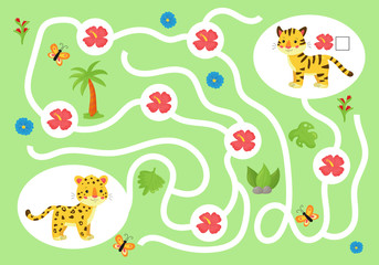 Educational maze game for preschool kids. Help the cheetah collect all tropical flowers for his friend tiger. Cute kawaii jungle animals. Count and write.