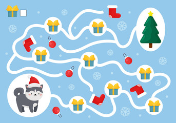 Fototapeta na wymiar Christmas educational game for preschool children. Help the husky dog collect all presents. Happy New Year worksheet. Cute kawaii dog character. Count and write.