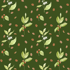 Watercolor coffee seamless pattern. Hand painted branches of coffee, red coffee beans, flowers