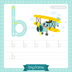 Letter B lowercase tracing practice worksheet. Biplane