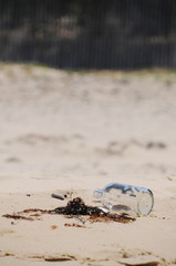 きれいな砂浜に流れ着いた空きビン