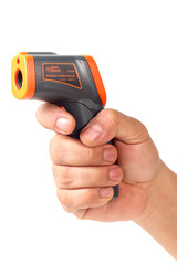 Hand holding thermometer infrared isolated on white