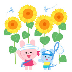 Rabbits and mouse that catch insects, sunflowers and dragonflies