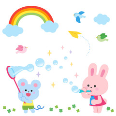 Obraz na płótnie Canvas Rabbit and mouse playing with soap bubbles Rainbow and little bird