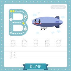 Letter B uppercase tracing practice worksheet. Blimp