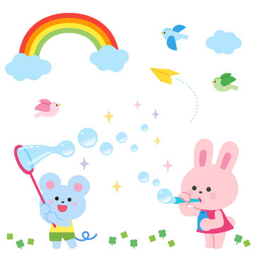 Rabbit and mouse playing with soap bubbles Rainbow and little bird