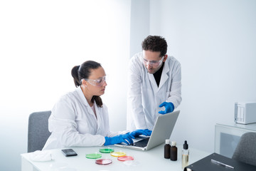 Fototapeta premium Young researchers or Scientists examining solution in petri dish at a laboratory. The researcher is analyzing the medicine related innovation. Biochemistry and Biotechnology concept