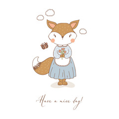 Hand drawn cute fox in apron character. Kids animal card. Cartoon tee print illustration.