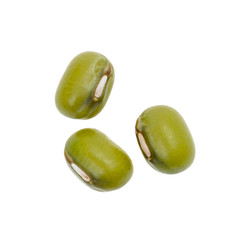 Close up of three mung beans in a small group seen directly from above and isolated on white background