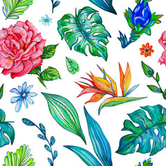 Fantastic seamless pattern flowers set with fabulous flowers and strelitzia and rose on white isolated background. 