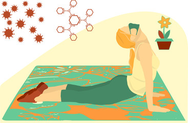 Obraz na płótnie Canvas Vector illustration of a woman stretching, doing fitness at home in quarantine. The concept of home yoga.