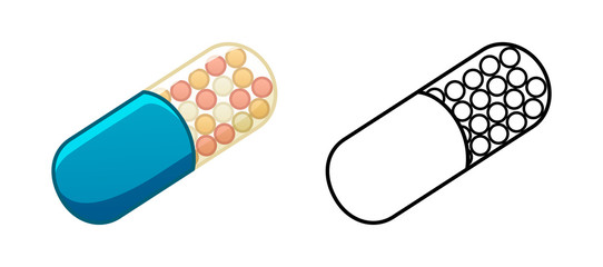 Flat and outline style oval capsule pills isolated illustration on white background