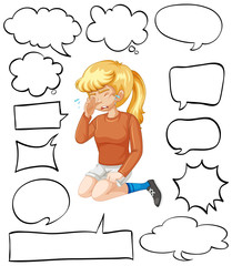 Different shapes of speech bubbles and girl crying on white background