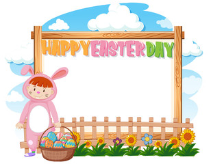 Border template design with girl in bunny costume for Easter