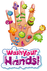 Poster design for coronavirus theme with virus cells on human hand