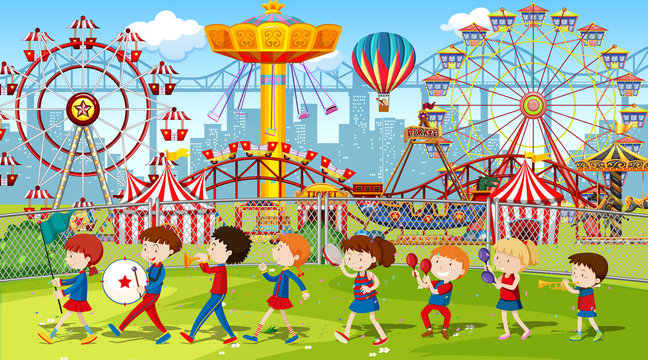 Themepark scene with many rides with children in the band