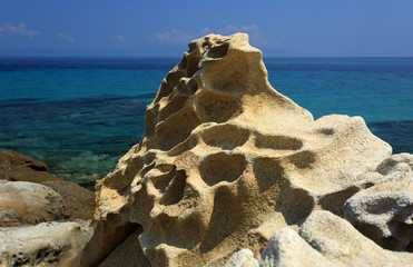 A rock figure on Karidi Beach near Vourvourou village in Sithonia, on the Halkidiki Peninsula in Northern Greece.
