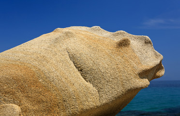 Rock figure resembling a mythical marine creature on the Karidi beach near Vourvourou village in Sithonia, on the Halkidiki Peninsula in northern Greece.