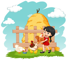 Fototapeta premium Cute girl and many chickens on the farm