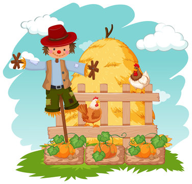 Scene with scarecrow and chickens on the farm