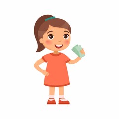 Little girl with money in hand flat vector illustration. Rich happy child holding banknotes cartoon character. Earnings savings, profit, income. Wealthy kid with cash. Pocket money concept