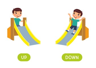 Opposites concept, UP and DOWN. Word card for language learning. Little boy climbs up a children's slide, rides down.  Flashcard with antonyms for children vector template. Flat illustration 