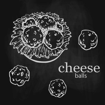 chalk drawn cheese balls with lettuce on plate isolated on black chalkboard. bar or pub snack. sicilian fast food, beer appetizer. arancini fried rice balls, Italian cuisine. breaded mozzarella sketch