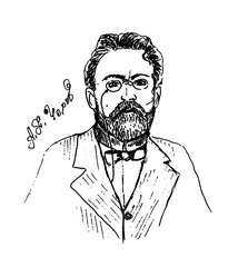 Anton Pavlovich Chekhov. Drawing of famous and historical known Russian character and person. Sketch or doodle on white background. Hand drawn portrait. Russian playwright and short-story writer.