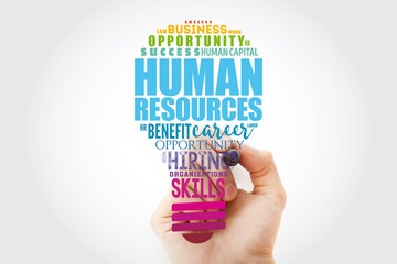 HR - Human Resources light bulb word cloud collage, business concept background