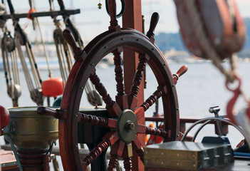 Steering on a ship and rigging. © Vasil