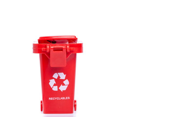 The red recycling bin isolated on white background