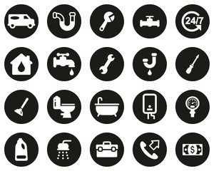 Plumbing Service & Equipment Icons White On Black Flat Design Circle Set Big