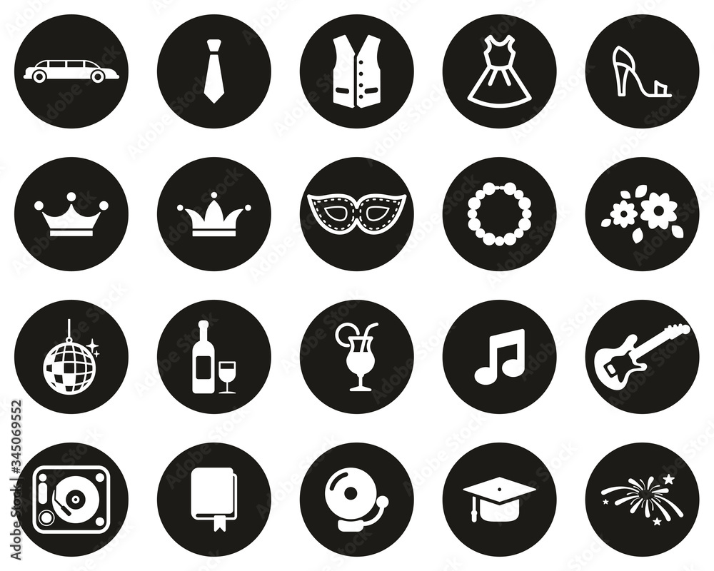 Canvas Prints Prom Night Icons White On Black Flat Design Circle Set Big