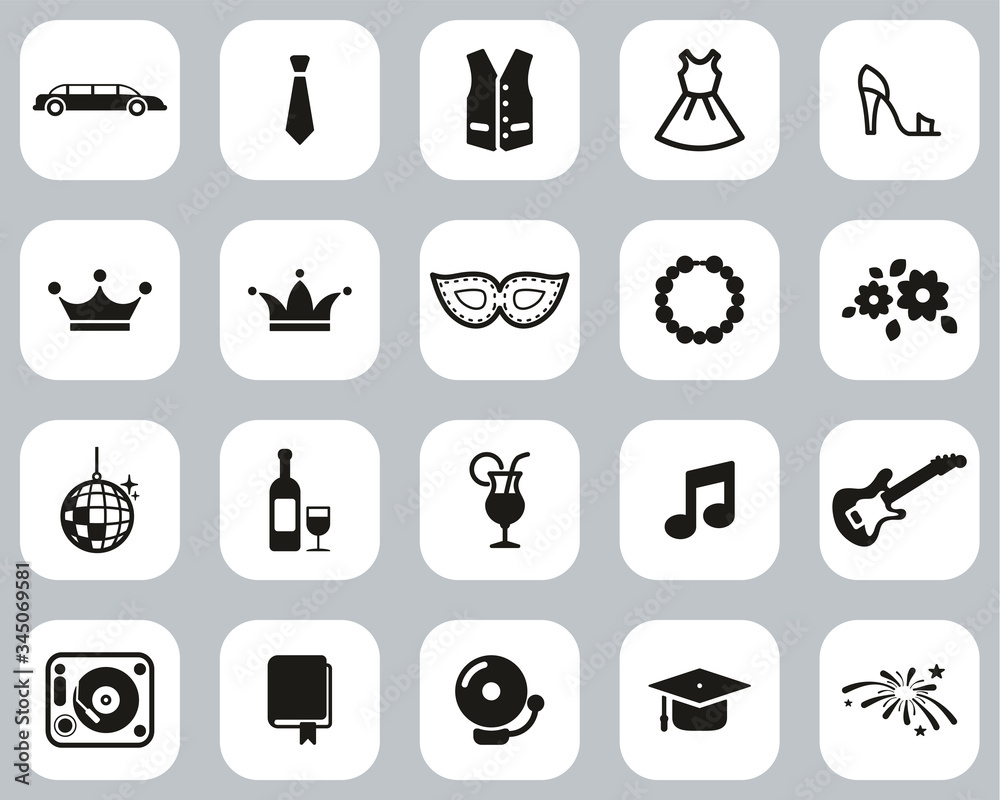 Sticker Prom Night Icons Black & White Flat Design Set Big