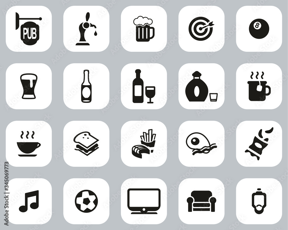 Poster Pub Or Bar Icons Black & White Flat Design Set Big