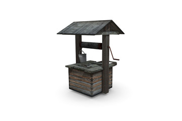 3D rendering of an old wooden well on a white background