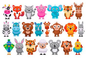 Fototapeta premium Collection of cute cartoon animals. Vector flat illustration.