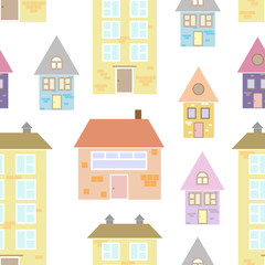 Vector seamless pattern of houses. Lovely Scandinavian minimalist houses. Fashionable print for clothes, wallpapers, covers. For surface design: fabric, packaging, scrap paper