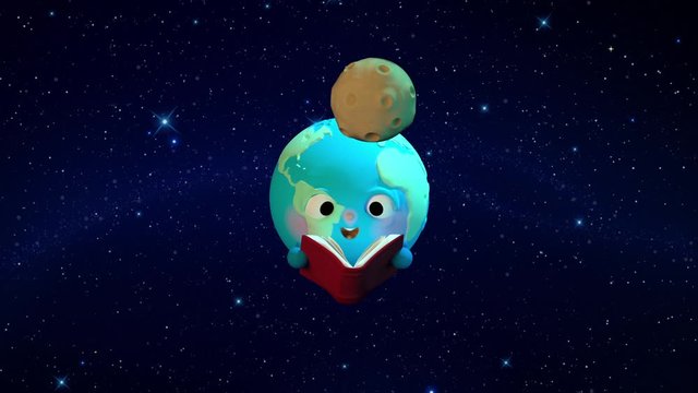 Planeta tierra leyendo un libro con la luna orbitando en el espacio