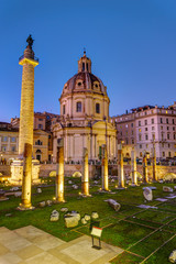 Fototapeta na wymiar The remains of the Trajans Forum in Rome at dusk