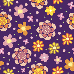 Vector seamless pattern of spring flowers. Digital scrap paper. Simple flowers are hand drawn in doodle style. For design of surfaces, textiles, packaging, backgrounds. Children's theme
