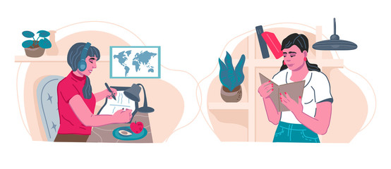 Obraz premium Set of people studying at home - women reading and listening online podcast. Distance education and courses, online training. Flat cartoon vector illustration isolated.