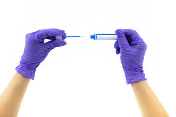 Close up nasal swab lab test tube in doctor's hands with rubber gloves on isolated white...