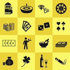 Casino gambling poker vector icon set isolated on yellow background