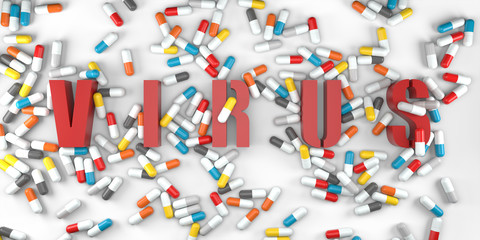 There are a lot of colorful capsules with a red inscription VIRUS in the center. 3D rendering on the topic of medicine. Medicines in the form of capsules are piled in a pile